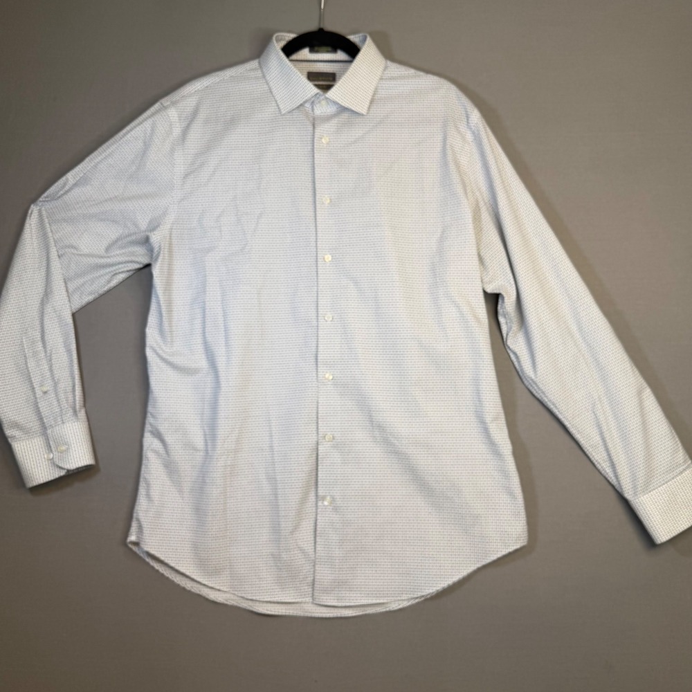 Calibrate Mens Trim Fit Non-Iron Dress Shirt White Navy Grid 16.5 34-35 RN58665